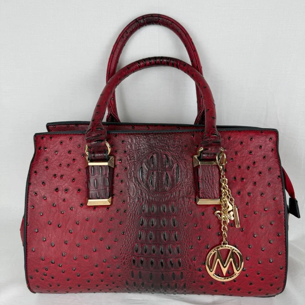 Mia K Farrow Red Ostrich Crocodile Embossed Satchel Handbag Gold Hardware